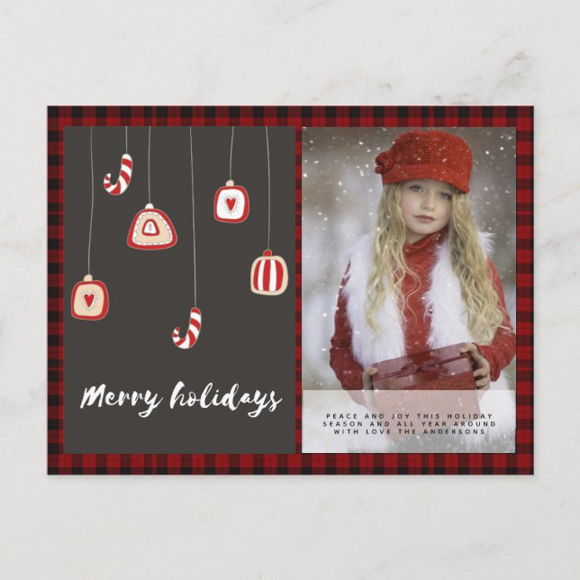 Buffalo Plaid Photo Xmas NewYear Folk Art Bauble Postcard (Front)