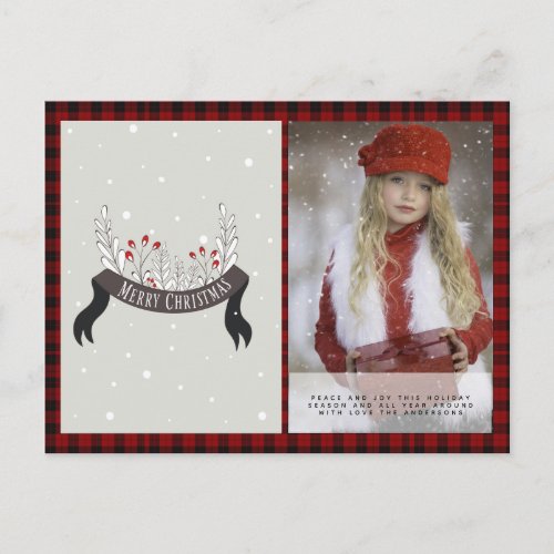 Buffalo Plaid Photo Xmas NewYear Folkart Holly Postcard