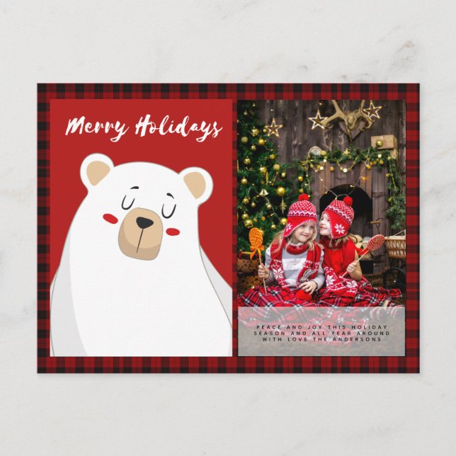 Buffalo Plaid Photo Xmas NewYear Folkart PolarBear Postcard (Front)
