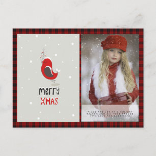 Buffalo Plaid Photo Xmas NewYear Folkart Red Robin Postcard
