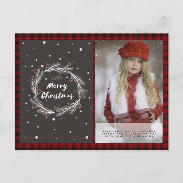Buffalo Plaid Photo Xmas NewYear Folkart Wreath Postcard (Front)