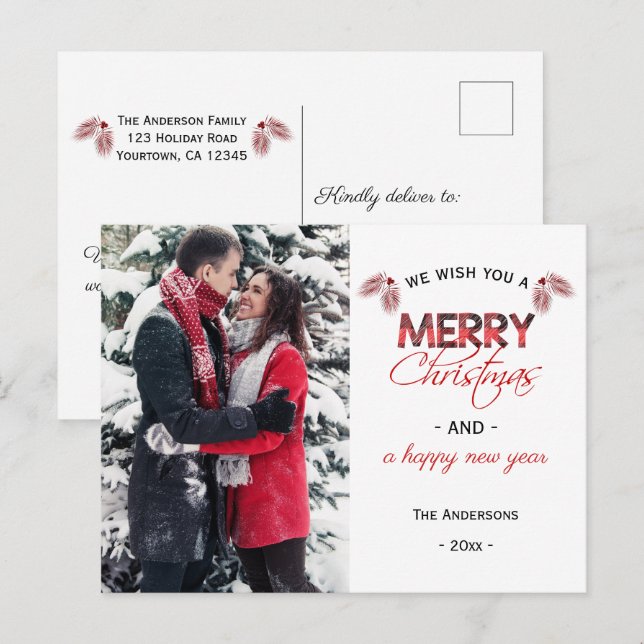 Buffalo Plaid Pinecone Christmas Photo Holiday Postcard (Front/Back)