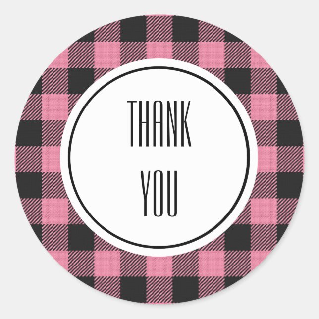 Buffalo Plaid Pink Black Personalized Text Classic Round Sticker (Front)