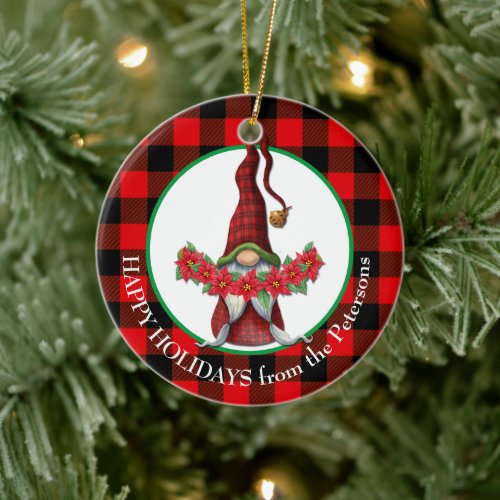 Buffalo Plaid Poinsettia Gnome Ceramic Ornament