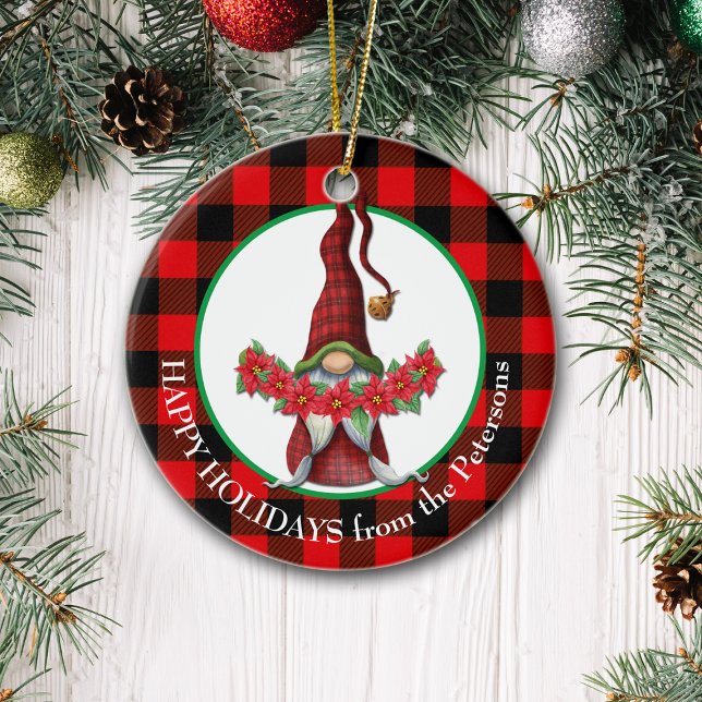 Buffalo Plaid Poinsettia Gnome Ceramic Ornament (Creator Uploaded)