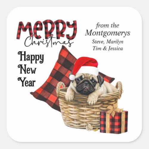 Buffalo Plaid Pug Puppy Christmas Square Sticker