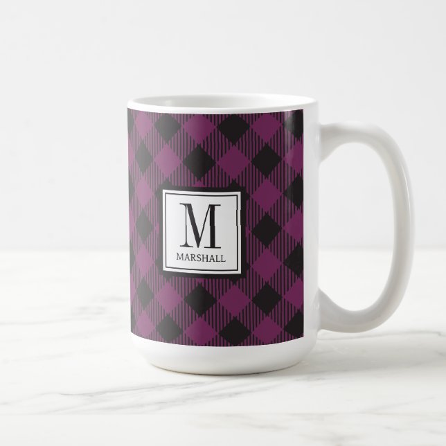 Buffalo Plaid Purple Monogram Name Coffee Mug (Right)