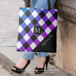 Buffalo Plaid Purple Pink Monogram Name Tote Bag<br><div class="desc">Personalized tote bag featuring a cool buffalo check plaid pattern in colors of purple, pink, blue and black with a monogram and name in your choice of text font styles and colors. Add a name or delete the sample text to leave the area blank on the solid black corner. The...</div>