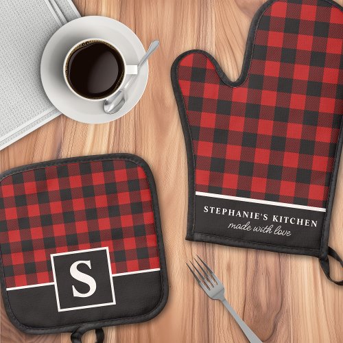 Buffalo Plaid Red And Black Checker Monogrammed Oven Mitt  Pot Holder Set