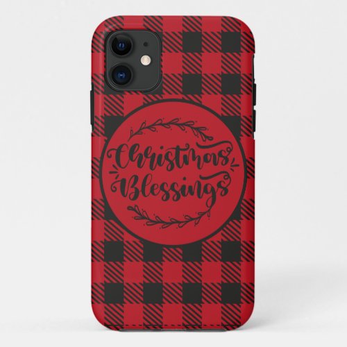 BUFFALO PLAID RED AND BLACK CHRISTMAS GREETING iPhone 11 CASE