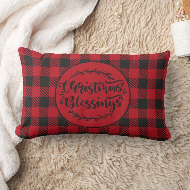 BUFFALO PLAID RED AND BLACK CHRISTMAS GREETING LUMBAR PILLOW (Blanket)