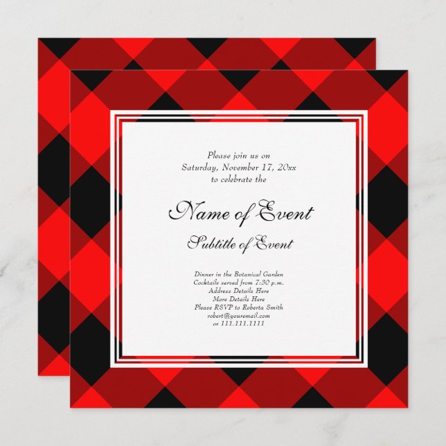 Buffalo Plaid Red and Black Christmas Party Invitation (Front/Back)