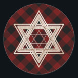 Buffalo Plaid Red and black Classic Round Sticker<br><div class="desc">Minimal classic gold Bar/Bat Mitzvah and Hanukkah modern Star of David against a rustic red buffalo plaid background creates an elegant,  sophisticated design. For other coordinating colors or matching products,  visit JustFharryn @ Zazzle.com or contact the designer,  c/o Fharryn@yahoo.com  All rights reserved. #zazzlemade #christmasdecor</div>
