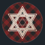 Buffalo Plaid Red and black Classic Round Sticker<br><div class="desc">Minimal classic gold Bar/Bat Mitzvah and Hanukkah modern Star of David against a rustic red buffalo plaid background creates an elegant,  sophisticated design. For other coordinating colors or matching products,  visit JustFharryn @ Zazzle.com or contact the designer,  c/o Fharryn@yahoo.com  All rights reserved. #zazzlemade #christmasdecor</div>