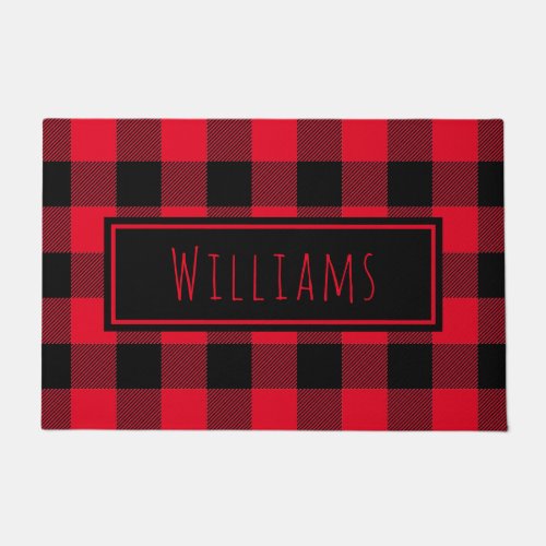 Buffalo Plaid Red and Black Custom Name Doormat