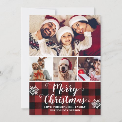 Buffalo Plaid Red and Black Photo Merry Christmas Holiday Card