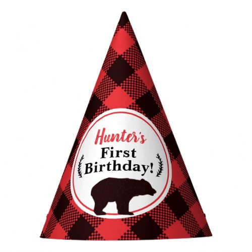 Buffalo Plaid Red Black Bear Birthday Party Hat