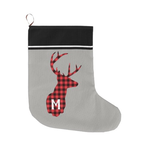 Buffalo Plaid Red Black Deer Head Monogram Large Christmas Stocking