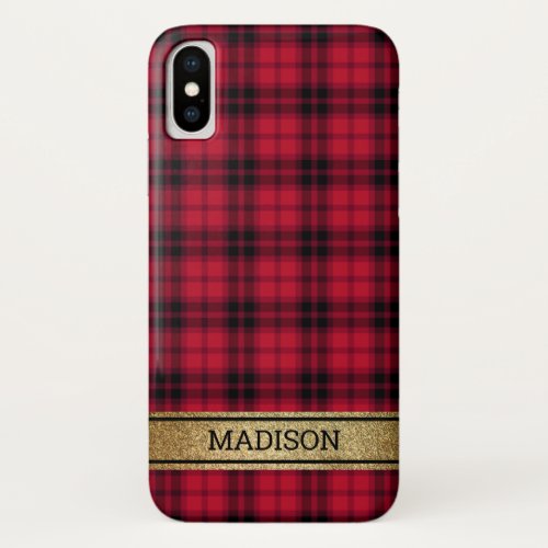 Buffalo Plaid Red Black Gold Monogram Your Name iPhone XS Case