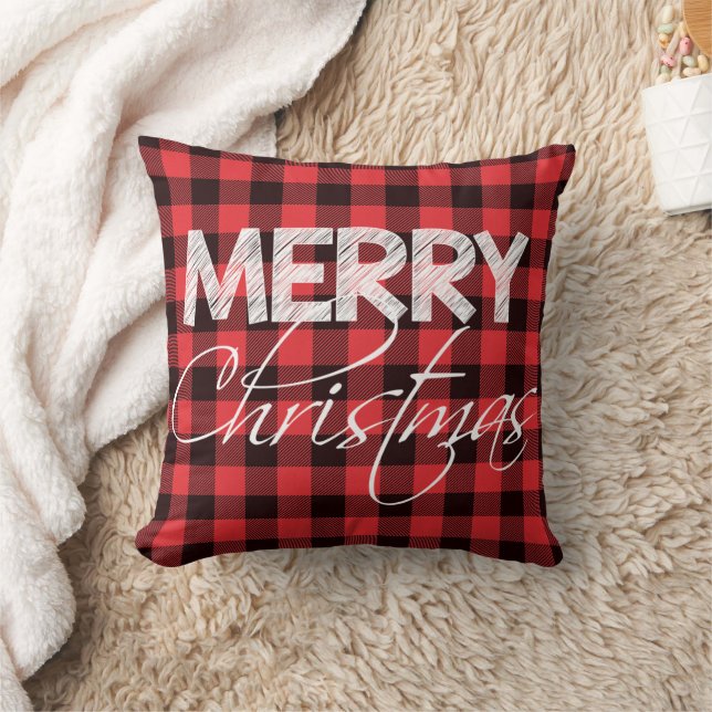Buffalo Plaid Red Black | Merry Christmas Throw Pillow (Blanket)