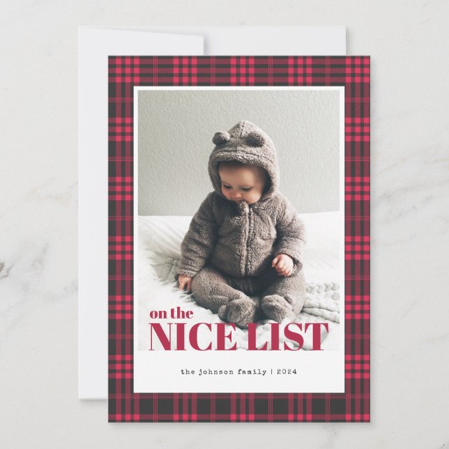 Buffalo Plaid Red Black Nice List Photo Christmas  Holiday Card (Front)