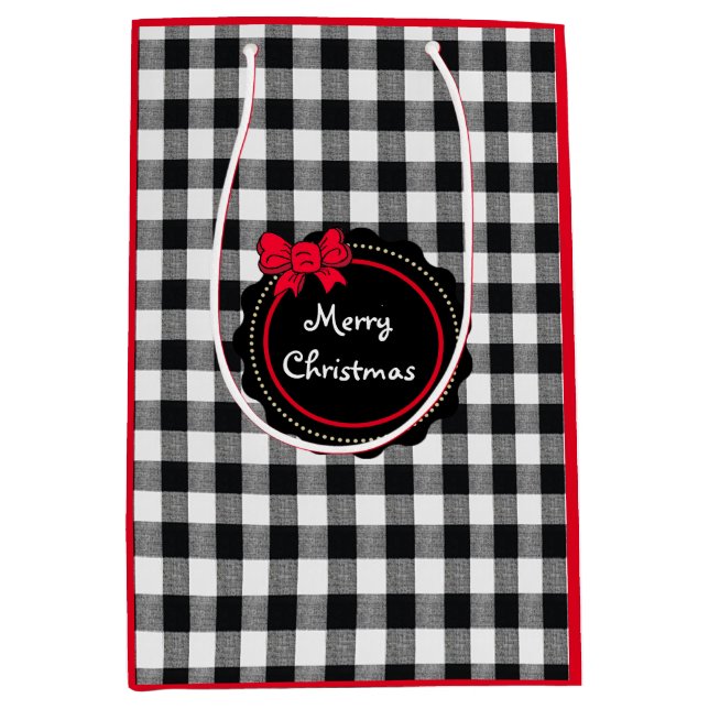 Buffalo Plaid Red Bow Merry Christmas Medium Gift Bag (Front)