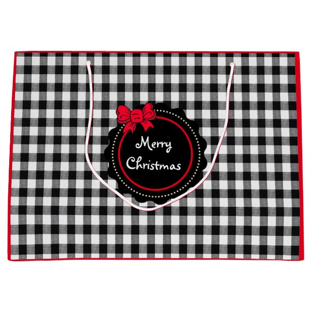 Buffalo Plaid Red Bow Merry Christmas Medium Large Gift Bag (Front)
