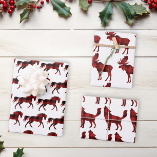 Buffalo Plaid Red Christmas Animals Lumberjack Wrapping Paper Sheets