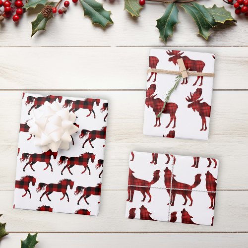 Buffalo Plaid Red Christmas Animals Lumberjack Wrapping Paper Sheets