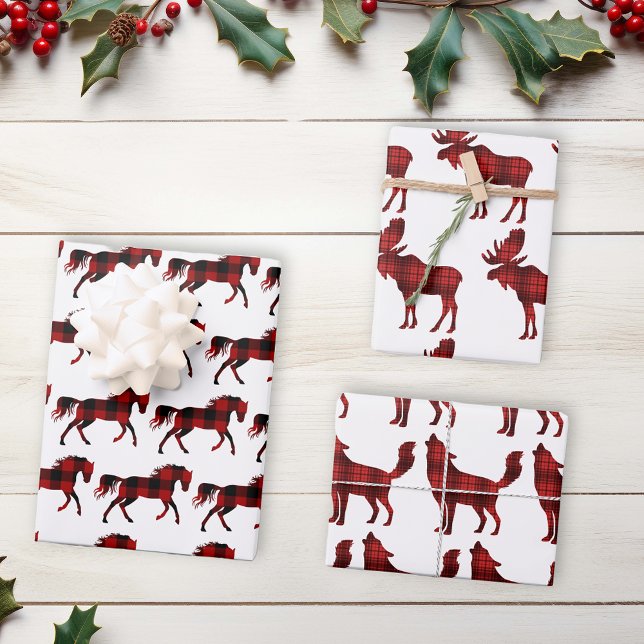 Buffalo Plaid Red Christmas Animals Lumberjack Wrapping Paper Sheets (Creator Uploaded)