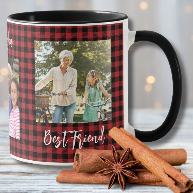 Buffalo Plaid Red Christmas Family Photo Collage Mug (Creator Uploaded)