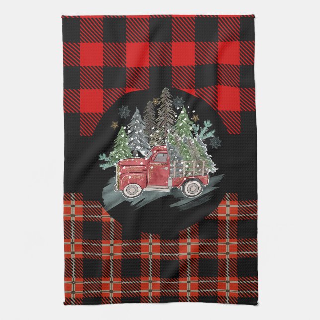 Buffalo Plaid Red Christmas Truck Kitchen Towel (Vertical)