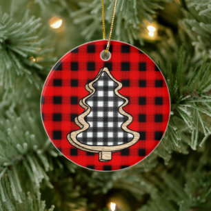 Buffalo Plaid, Red Gingham Christmas Trees   Ceramic Ornament