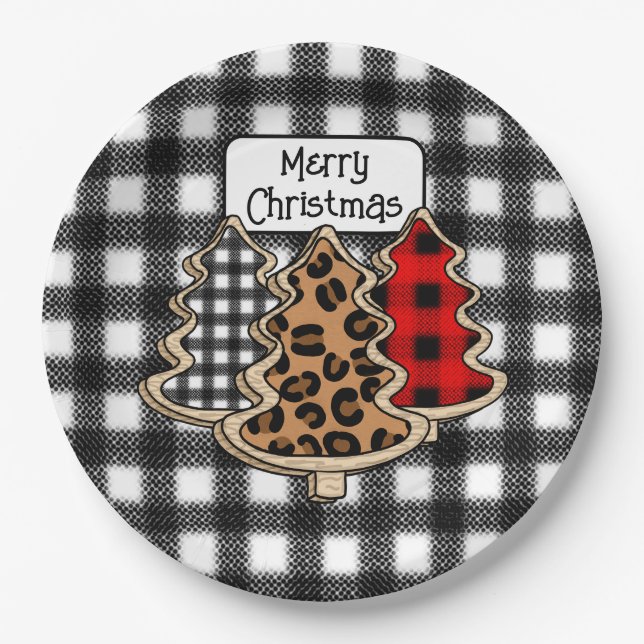 Buffalo Plaid, Red Gingham Christmas Trees  Paper Plates (Front)