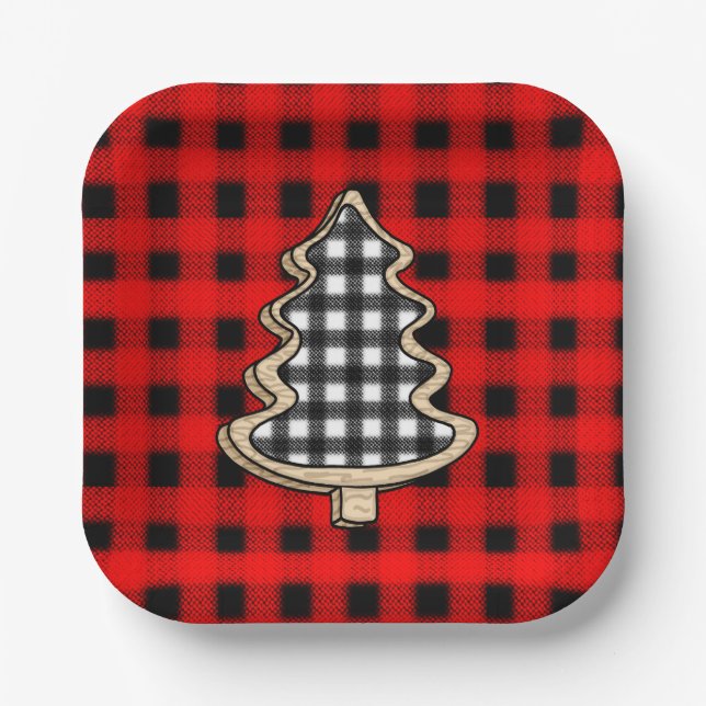 Buffalo Plaid, Red Gingham Christmas Trees    Paper Plates (Front)