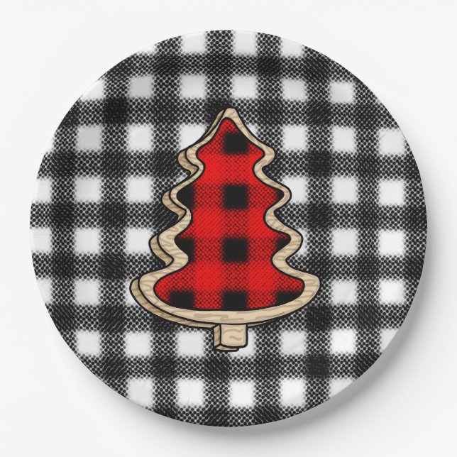 Buffalo Plaid, Red Gingham Christmas Trees   Paper Plates (Front)