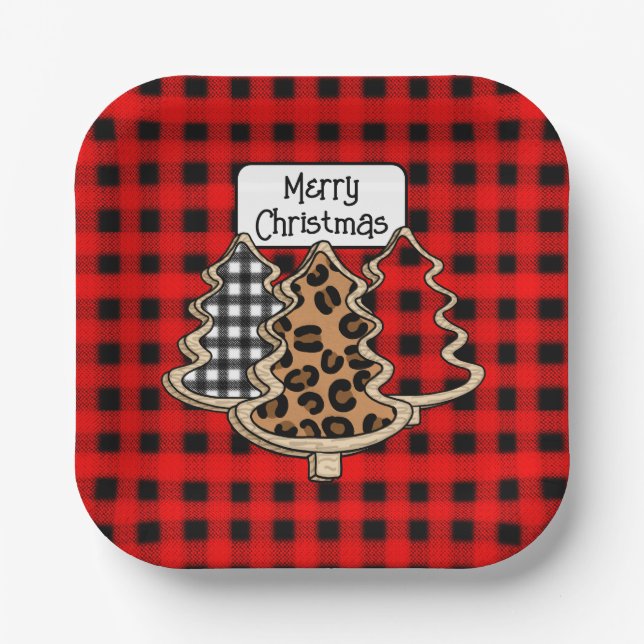 Buffalo Plaid, Red Gingham Christmas Trees Paper Plates (Front)