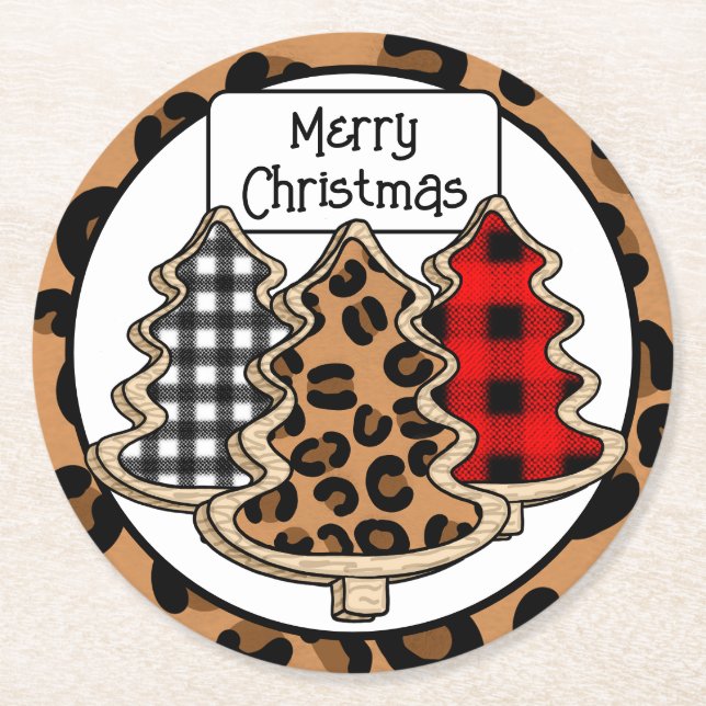 Buffalo Plaid, Red Gingham, Christmas Trees    Round Paper Coaster (Front)