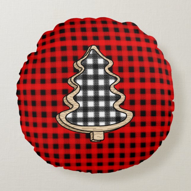 Buffalo Plaid, Red Gingham Christmas Trees   Round Pillow (Front)