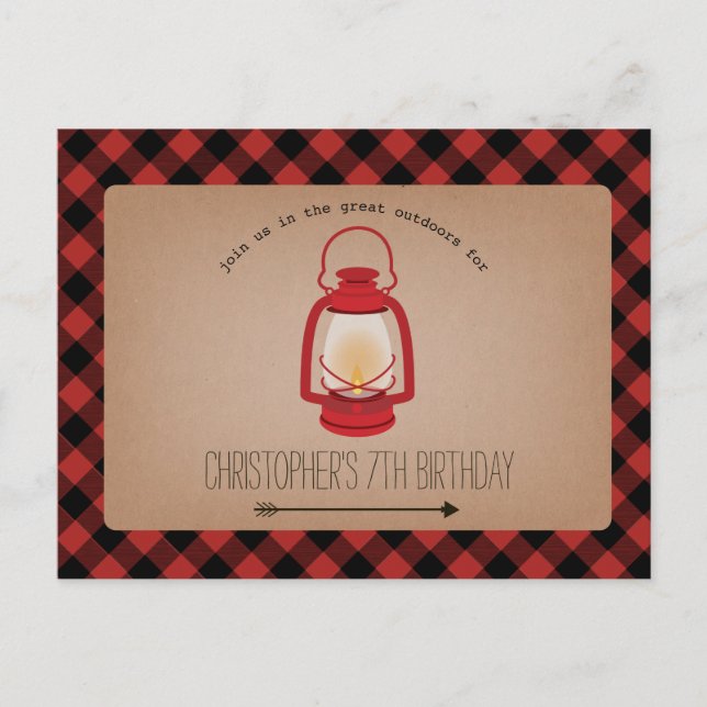 Buffalo Plaid Red Lantern Camping Birthday Invitation Postcard (Front)