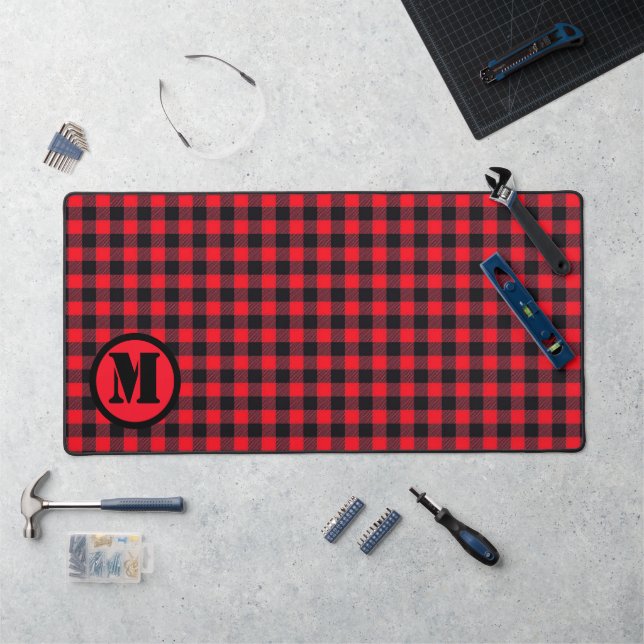 Buffalo Plaid Red Lumberjack Pattern Monogrammed Desk Mat (Workstation)