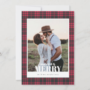 Buffalo Plaid Red Married & Merry Christmas Card