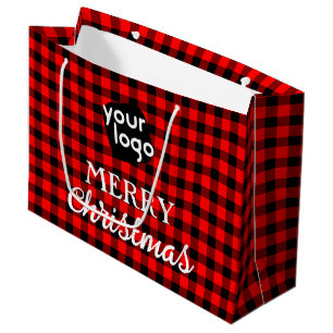    Buffalo Plaid Red Merry Christmas Add Your Logo Large Gift Bag