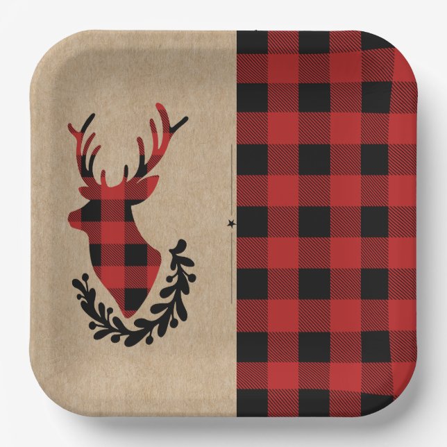 Buffalo Plaid Red  Rustic Stag  Paper Plates (Front)