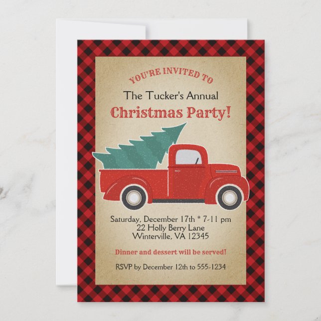 Buffalo Plaid Red Truck and Tree Christmas Party Invitation (Front)