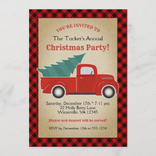 Buffalo Plaid Red Truck and Tree Christmas Party Invitation