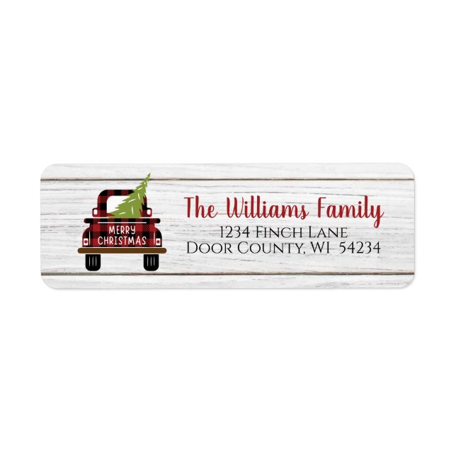 Buffalo Plaid Red Truck Christmas Return Address Label (Front)