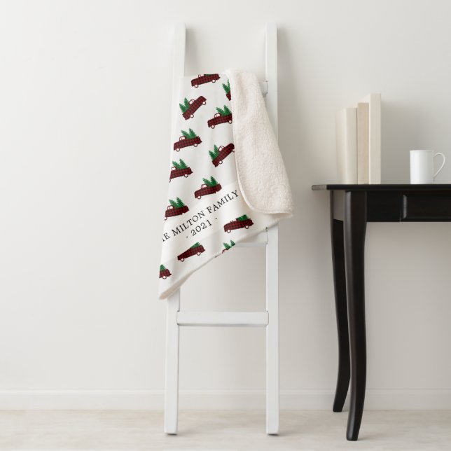 buffalo plaid red truck Christmas tree monogram Sherpa Blanket (In Situ)