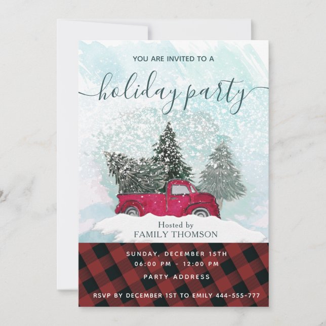 Buffalo plaid red truck winter scene holiday  invi invitation (Front)
