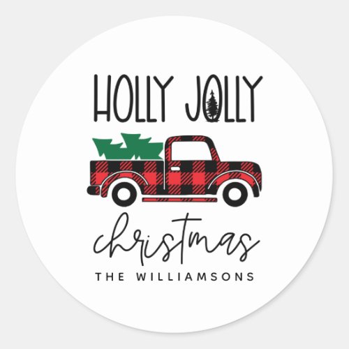 Buffalo Plaid Red Vintage Truck Name Holiday Classic Round Sticker
